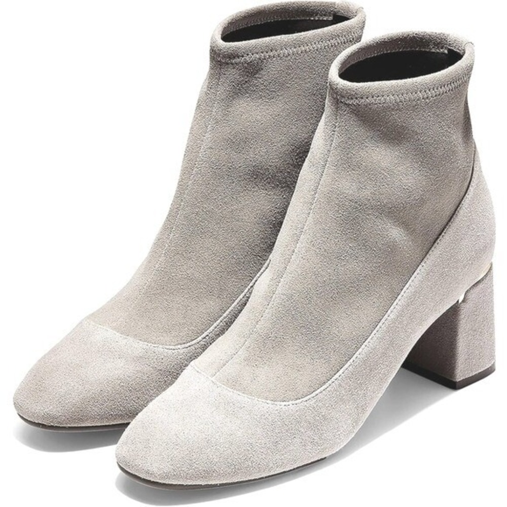 Cole Haan Suede Sock Ankle Boots Grey Block Heel Gold Detail  WMS7.5B